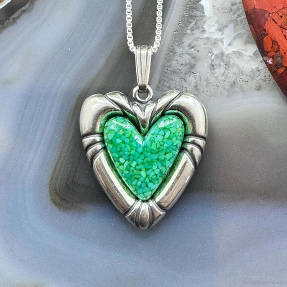 Carolyn Pollack Sterling Heart Green Turquoise Chip Inlay Pendant W/18" Necklace - Picture 1 of 10
